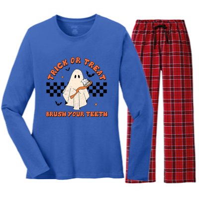 Halloween Trick Or Treat Brush Your Teeth Dental Ghost Funny Cool Gift Women's Long Sleeve Flannel Pajama Set 