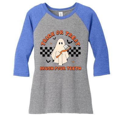 Halloween Trick Or Treat Brush Your Teeth Dental Ghost Funny Cool Gift Women's Tri-Blend 3/4-Sleeve Raglan Shirt