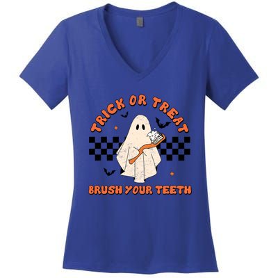 Halloween Trick Or Treat Brush Your Teeth Dental Ghost Funny Cool Gift Women's V-Neck T-Shirt