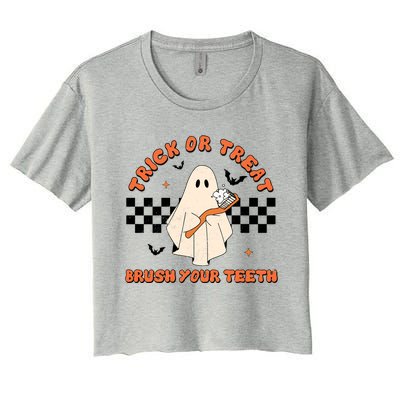 Halloween Trick Or Treat Brush Your Teeth Dental Ghost Funny Cool Gift Women's Crop Top Tee