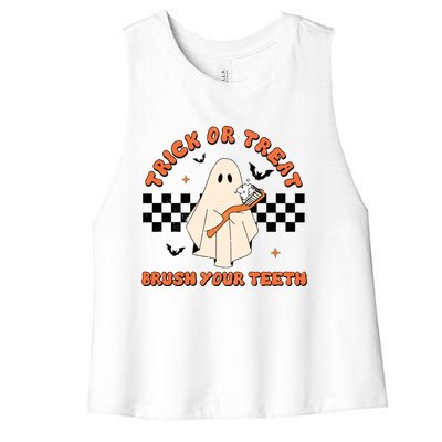 Halloween Trick Or Treat Brush Your Teeth Dental Ghost Funny Cool Gift Women's Racerback Cropped Tank