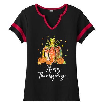 Happy Thanksgiving Pumpkin Autumn Floral Decorative Design Ladies Halftime Notch Neck Tee