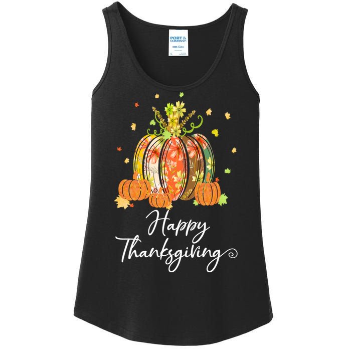 Happy Thanksgiving Pumpkin Autumn Floral Decorative Design Ladies Essential Tank