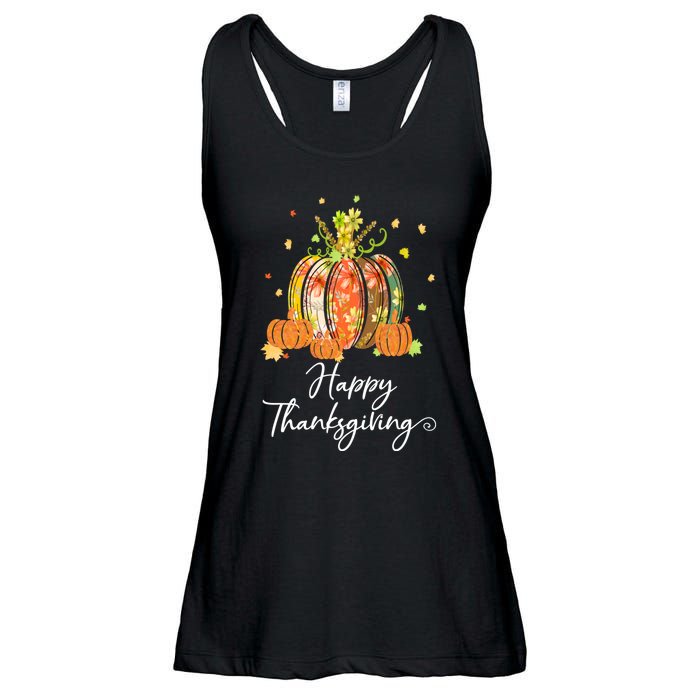 Happy Thanksgiving Pumpkin Autumn Floral Decorative Design Ladies Essential Flowy Tank