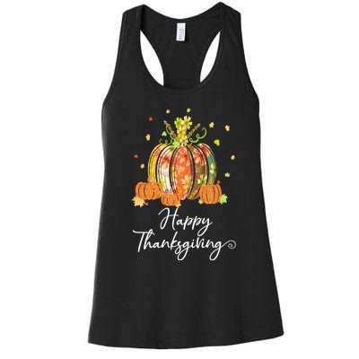 Happy Thanksgiving Pumpkin Autumn Floral Decorative Design Women's Racerback Tank