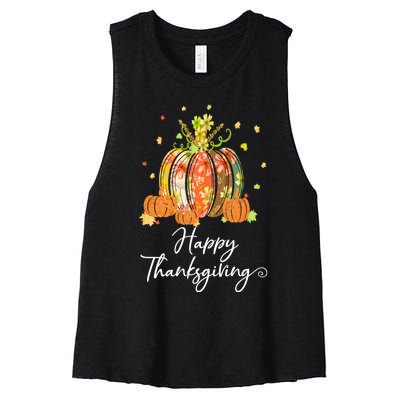 Happy Thanksgiving Pumpkin Autumn Floral Decorative Design Women's Racerback Cropped Tank