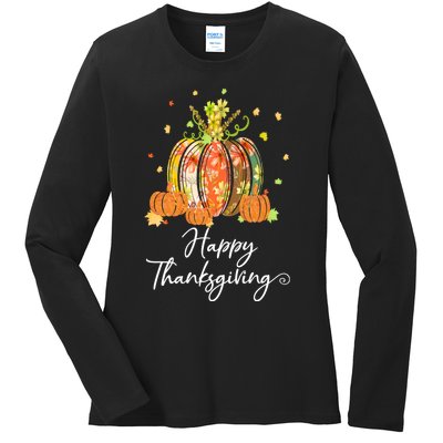 Happy Thanksgiving Pumpkin Autumn Floral Decorative Design Ladies Long Sleeve Shirt