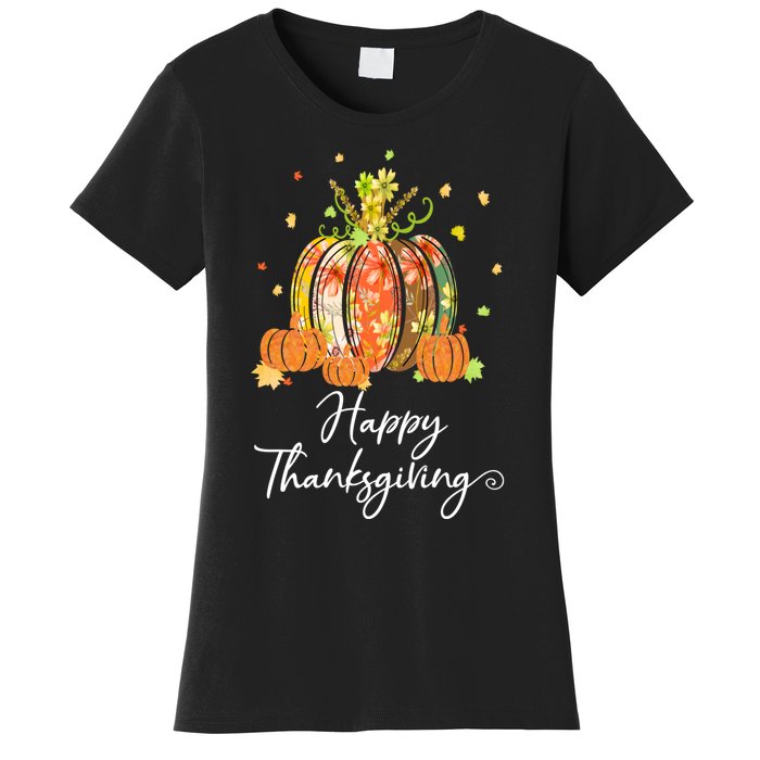 Happy Thanksgiving Pumpkin Autumn Floral Decorative Design Women's T-Shirt