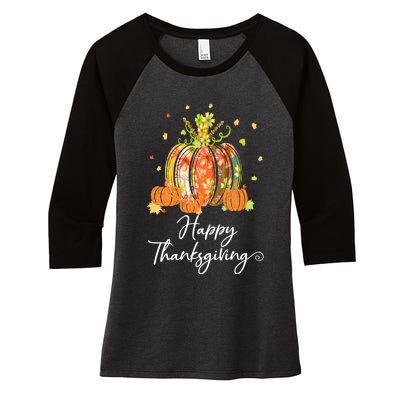 Happy Thanksgiving Pumpkin Autumn Floral Decorative Design Women's Tri-Blend 3/4-Sleeve Raglan Shirt