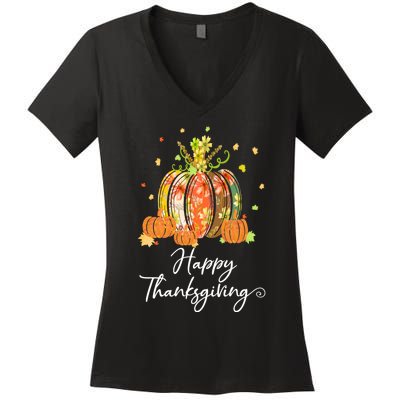 Happy Thanksgiving Pumpkin Autumn Floral Decorative Design Women's V-Neck T-Shirt