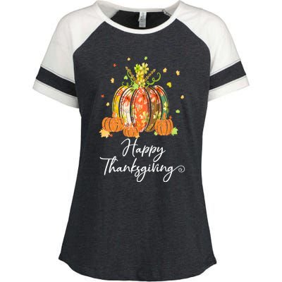 Happy Thanksgiving Pumpkin Autumn Floral Decorative Design Enza Ladies Jersey Colorblock Tee