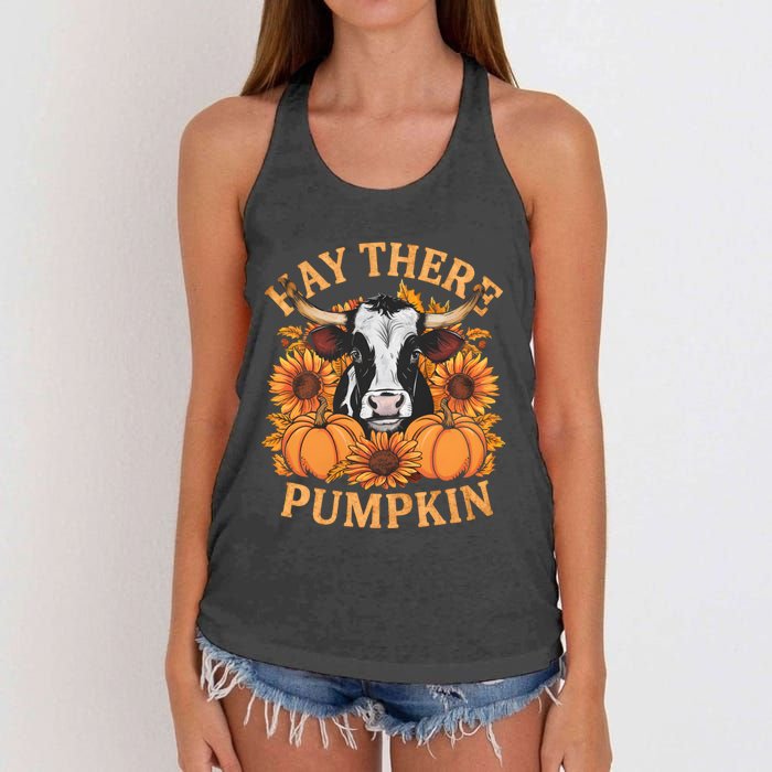 Hay There Pumpkin Cute Cow Fall Autumn Thanksgiving Women's Knotted Racerback Tank