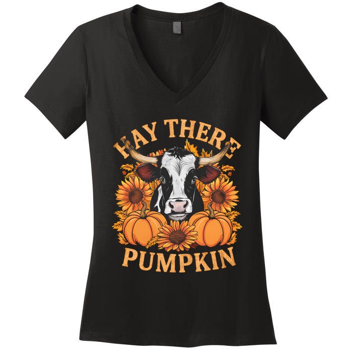 Hay There Pumpkin Cute Cow Fall Autumn Thanksgiving Women's V-Neck T-Shirt