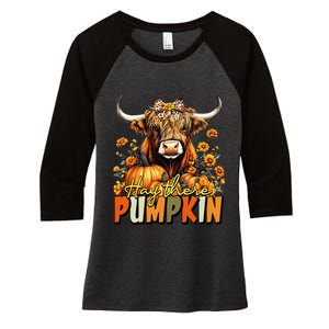 Hay There Pumpkin Highland Cow Fall Autumn Thanksgiving Women's Tri-Blend 3/4-Sleeve Raglan Shirt