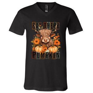 Hay There Pumkin Highland Cow Fall Autumn Thanksgiving V-Neck T-Shirt