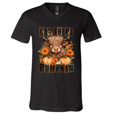 Hay There Pumkin Highland Cow Fall Autumn Thanksgiving V-Neck T-Shirt