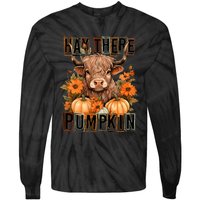 Hay There Pumkin Highland Cow Fall Autumn Thanksgiving Tie-Dye Long Sleeve Shirt