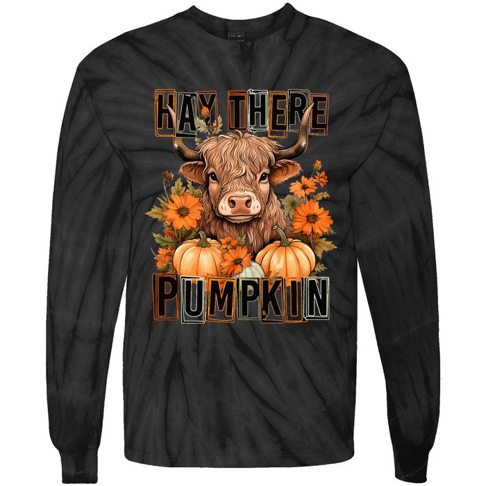 Hay There Pumkin Highland Cow Fall Autumn Thanksgiving Tie-Dye Long Sleeve Shirt