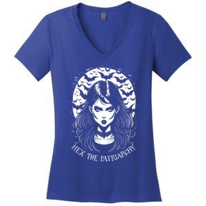 Hex The Patriarchy Feminist Witch Goth Halloween Moon Funny Gift Women's V-Neck T-Shirt