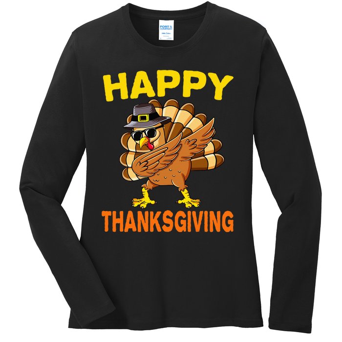 Happy Thanksgiving Pilgrim Turkey Ladies Long Sleeve Shirt