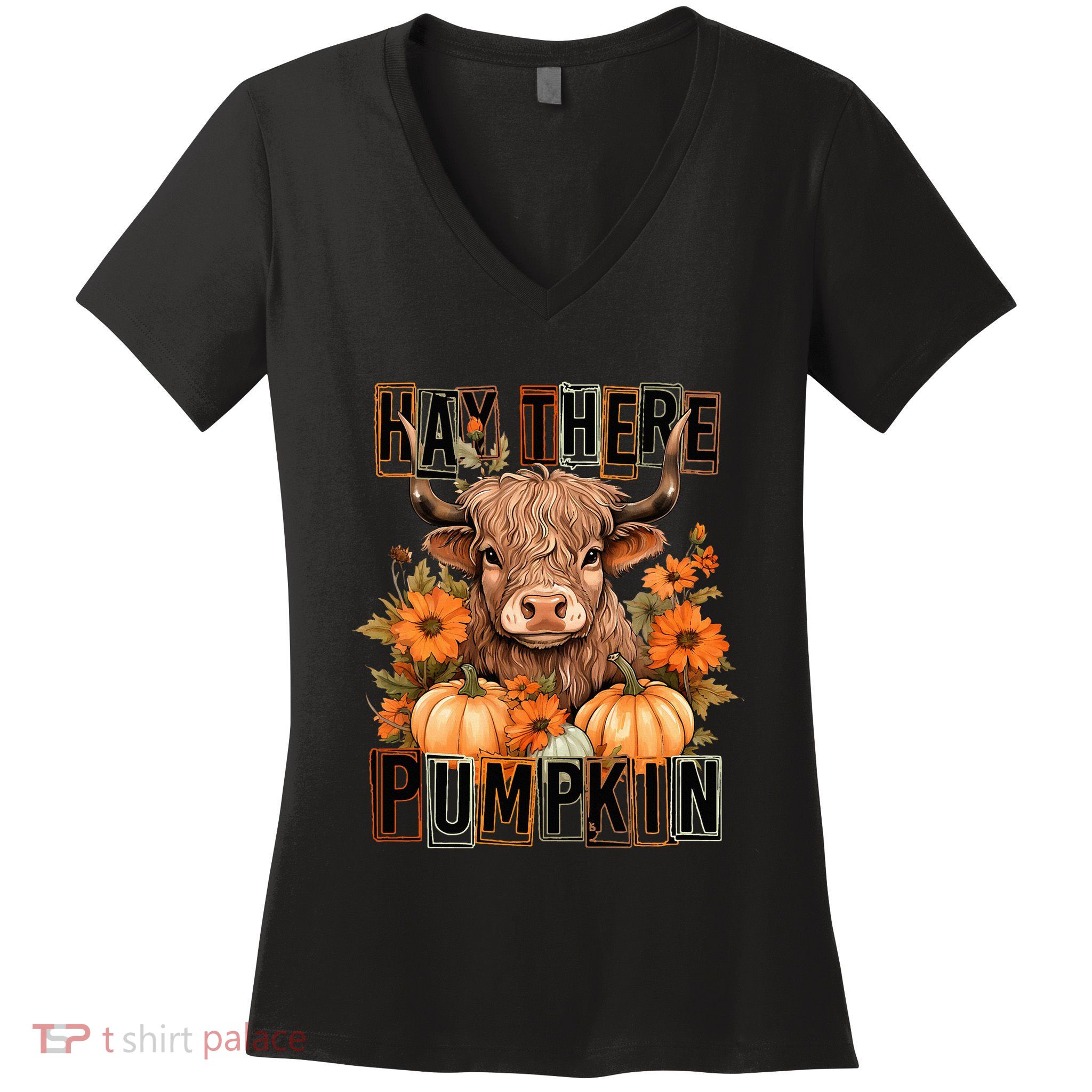 Hay There Pumkin Highland Cow Fall Autumn Thanksgiving Women's V-Neck T-Shirt