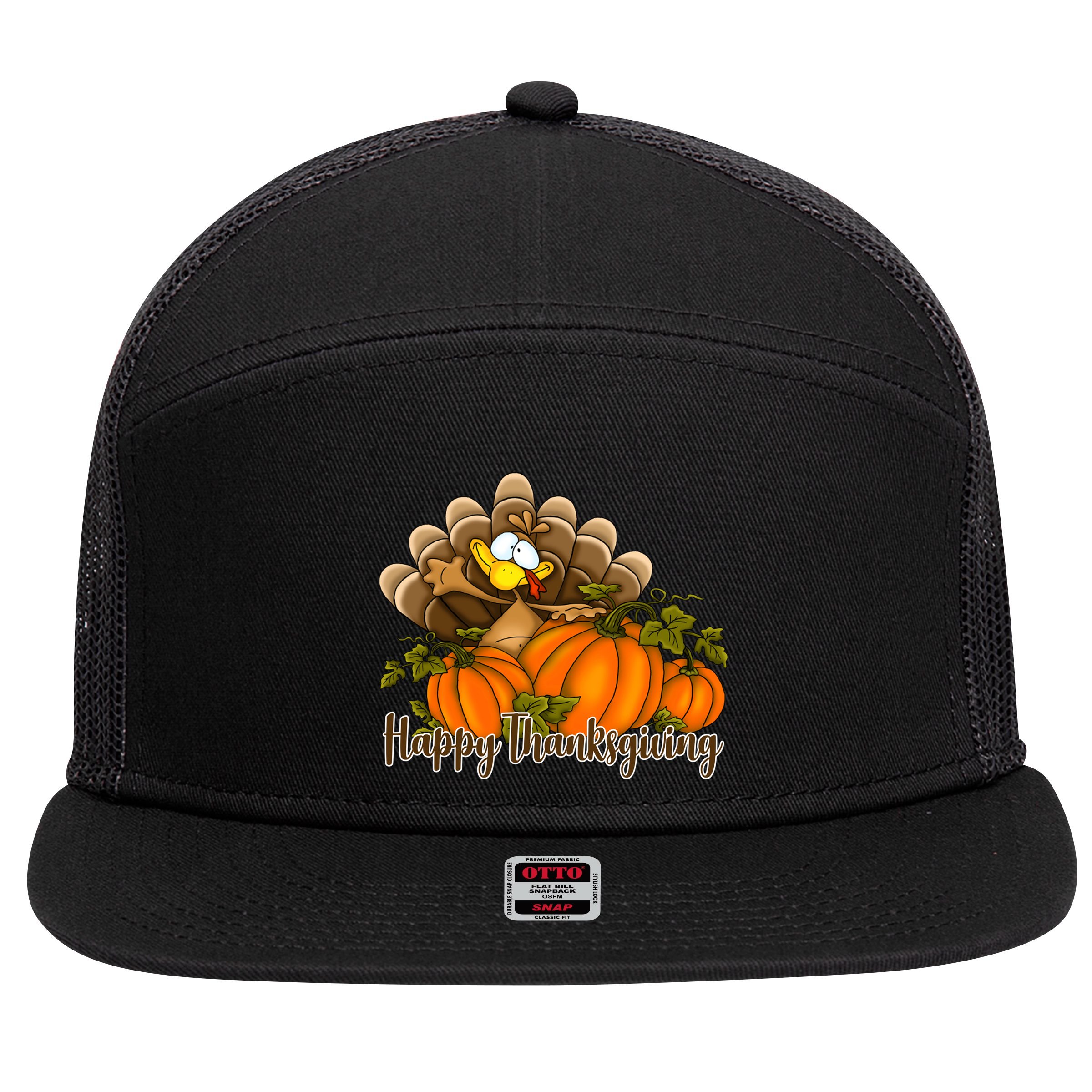 Happy Thanksgiving Pumpkins Fall Autumn Cute Turkey 7 Panel Mesh Trucker Snapback Hat
