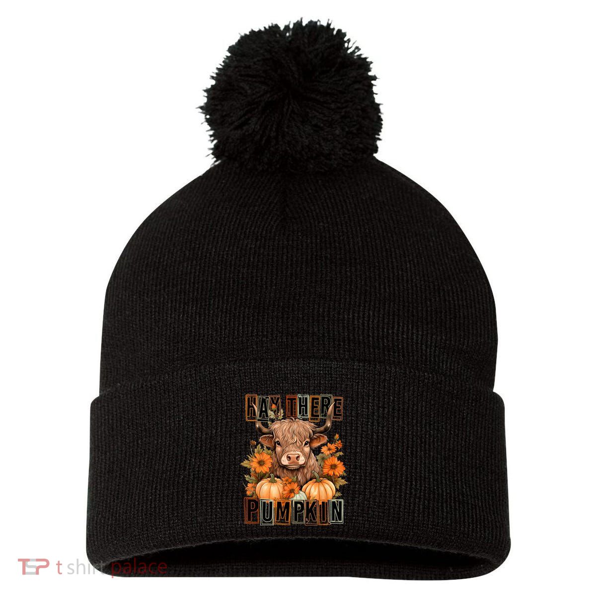 Hay There Pumkin Highland Cow Fall Autumn Thanksgiving Pom Pom 12in Knit Beanie