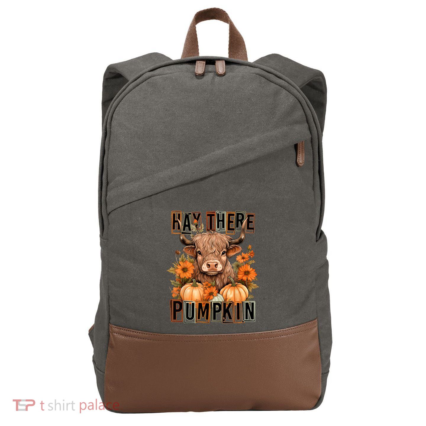Hay There Pumkin Highland Cow Fall Autumn Thanksgiving Cotton Canvas Backpack