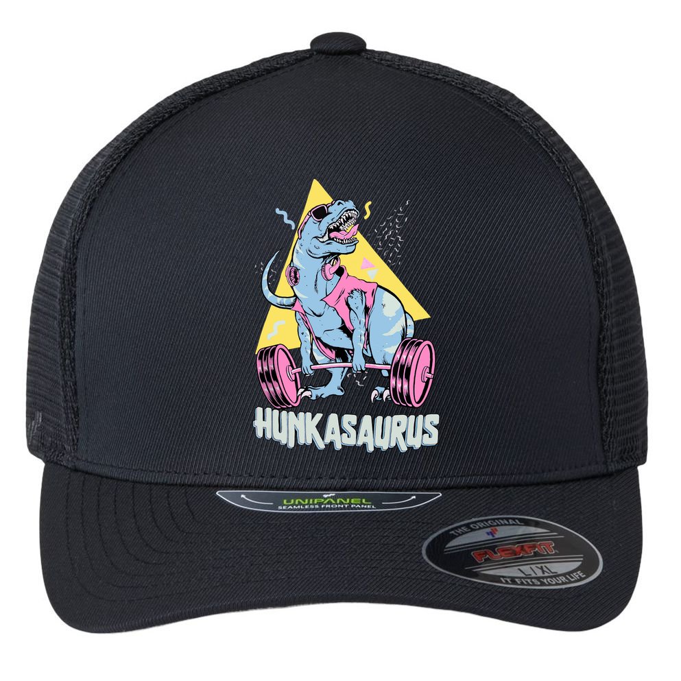 Hunkasaurus T rex Dinosaur Funny Gym & Workout Flexfit Unipanel Trucker Cap