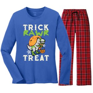 Halloween Trick Rawr Treat Dino Trex Costume Cool Gift Women's Long Sleeve Flannel Pajama Set 