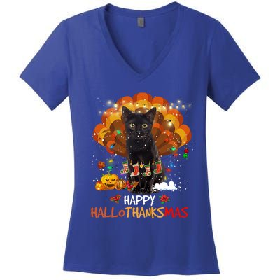 Happy Thanksgiving Ragdoll Black Cat Happy Hallothanksmas Gift Women's V-Neck T-Shirt