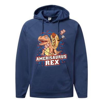 Hotdog T Rex Dinosaur 4th Of July Amerisaurus Funny Gifts Performance Fleece Hoodie