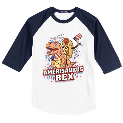 Hotdog T Rex Dinosaur 4th Of July Amerisaurus Funny Gifts Baseball Sleeve Shirt