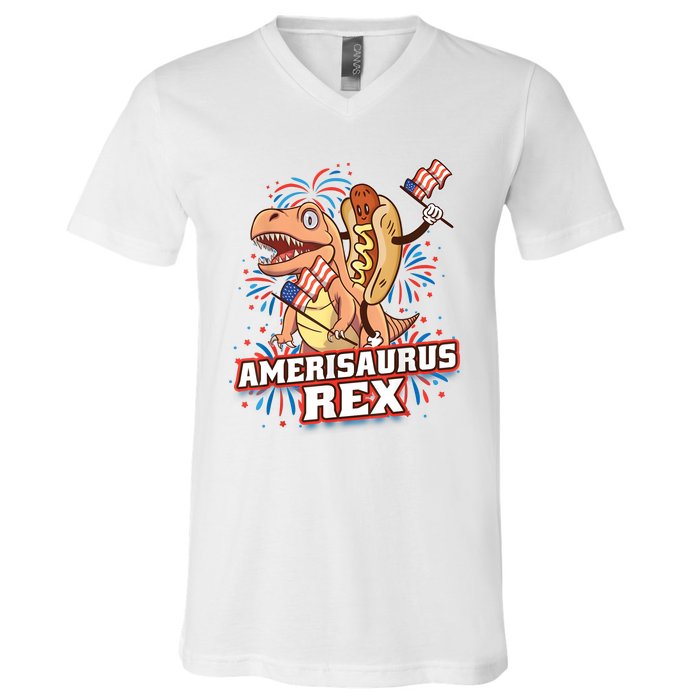 Hotdog T Rex Dinosaur 4th Of July Amerisaurus Funny Gifts V-Neck T-Shirt