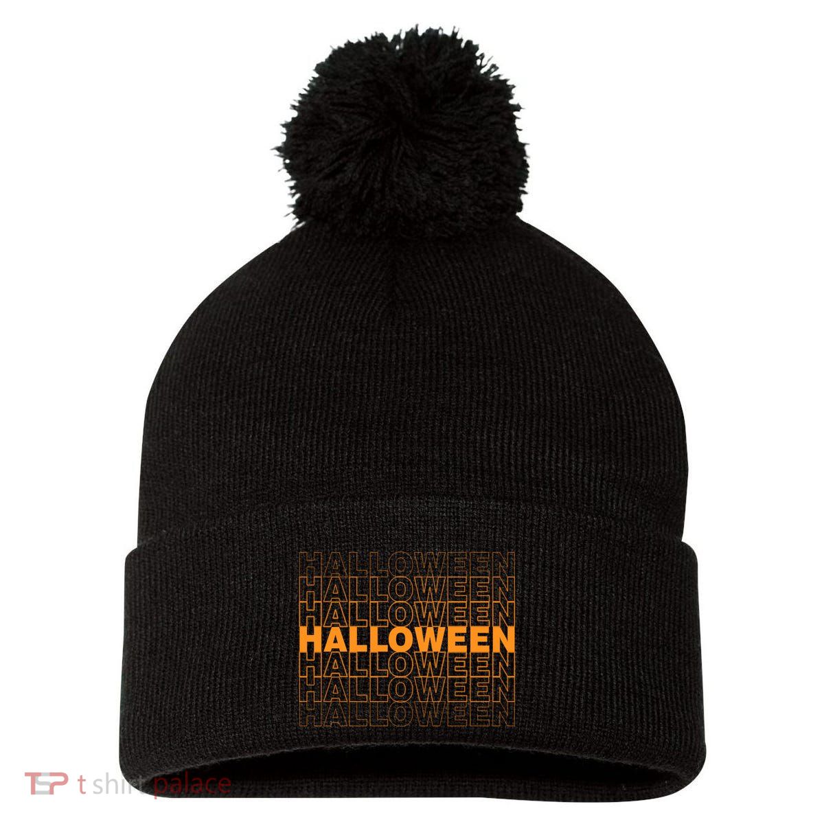 Halloween Text Repeated Pom Pom 12in Knit Beanie