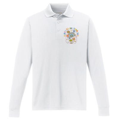 Happy To See Your Face Groovy Flowers Back To School Teacher Performance Long Sleeve Polo