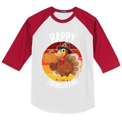 Happy Thanksgiving Sweatshirt Cute Turkey Kids Colorblock Raglan Jersey