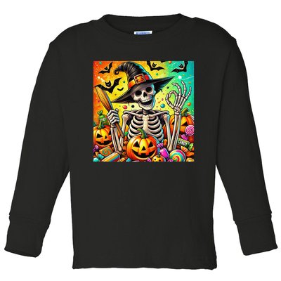 Halloween Thrills Skeleton And Pumpkin And Bats Spooky Toddler Long Sleeve Shirt