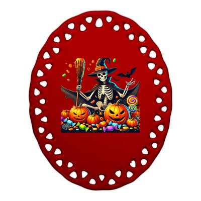 Halloween Thrills Skeleton And Pumpkin Spooky And Scary Ceramic Oval Ornament