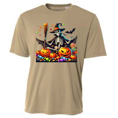 Halloween Thrills Skeleton And Pumpkin Spooky And Scary Cooling Performance Crew T-Shirt