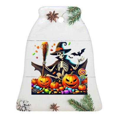 Halloween Thrills Skeleton And Pumpkin Spooky And Scary Ceramic Bell Ornament