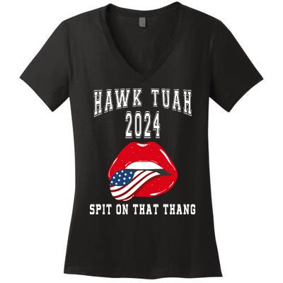 Hawk Tuah Spit On That Thang 2024 Hawk Tuah 24 Funny Trendy Women's V-Neck T-Shirt