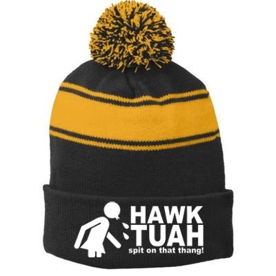 Hawk Tuah Spit On That Thang Funny Interview Meme Stripe Pom Pom Beanie