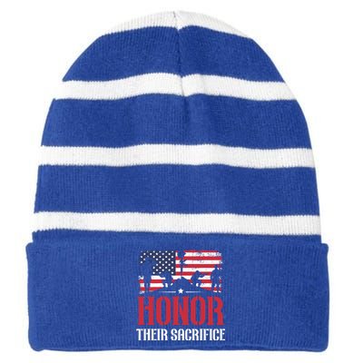 Honor Their Sacrifice Memorial Day Veteran Military Combat Gift Striped Beanie with Solid Band