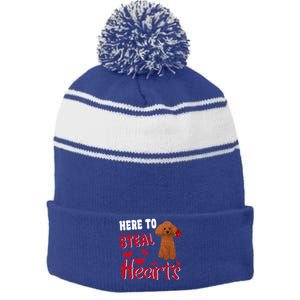 Here To Steal Hearts Funny Toy Poodle Dog Valentines Day Gift Stripe Pom Pom Beanie