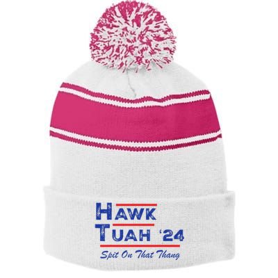 Hawk Tuah Spit Funny Humor Saying Stripe Pom Pom Beanie