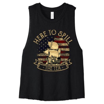 Here To Spill The Tea 4th Of July American Patriotic Vintage Women's Racerback Cropped Tank