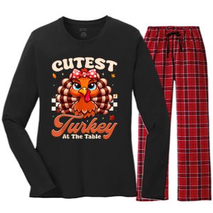 Happy Thanksgiving Shirts Girl Cutest Turkey At The Tables Women's Long Sleeve Flannel Pajama Set 