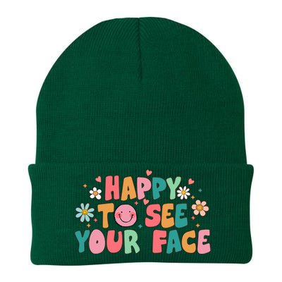 Happy To See Your Face First Day Of School Teacher Flower Knit Cap Winter Beanie