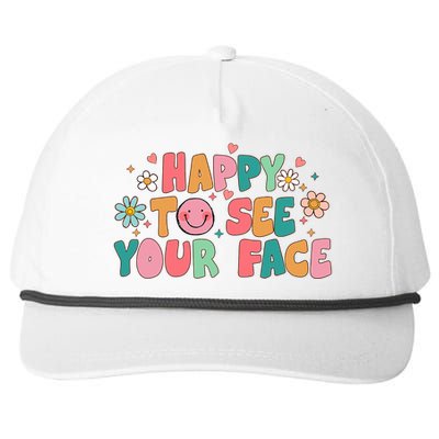 Happy To See Your Face First Day Of School Teacher Flower Snapback Five-Panel Rope Hat